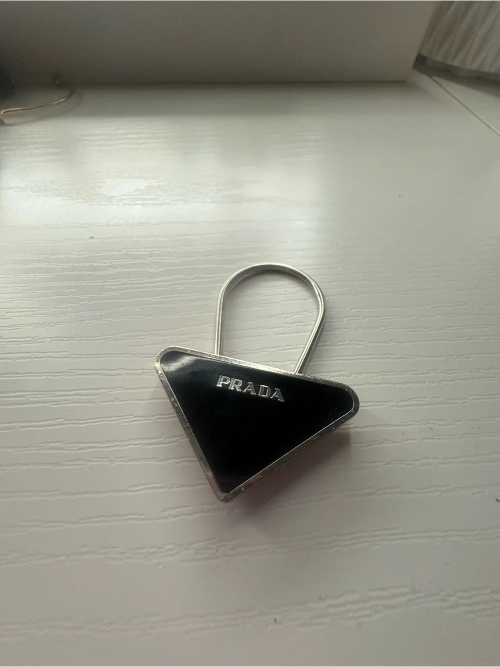 Prada Black Triangle Key & Card Holder with Silver Loop